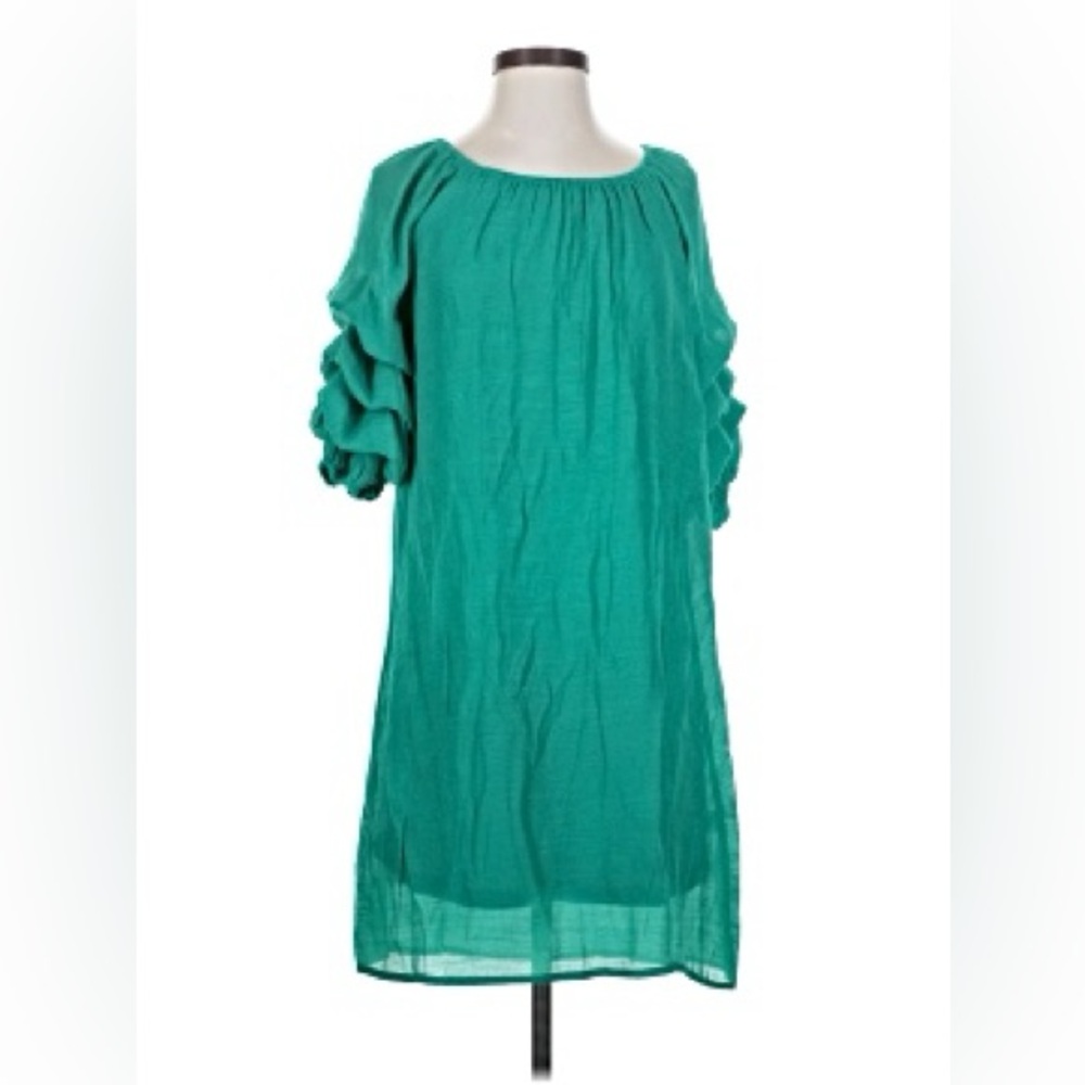 Flowy Teal Mini Dress with Ruffle Sleeves - Picture 5 of 13